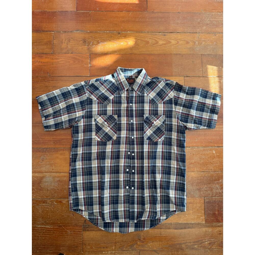 Vintage Western Pearl Snap Plaid Shirt Plains Wear Size L Cowboy 90s
